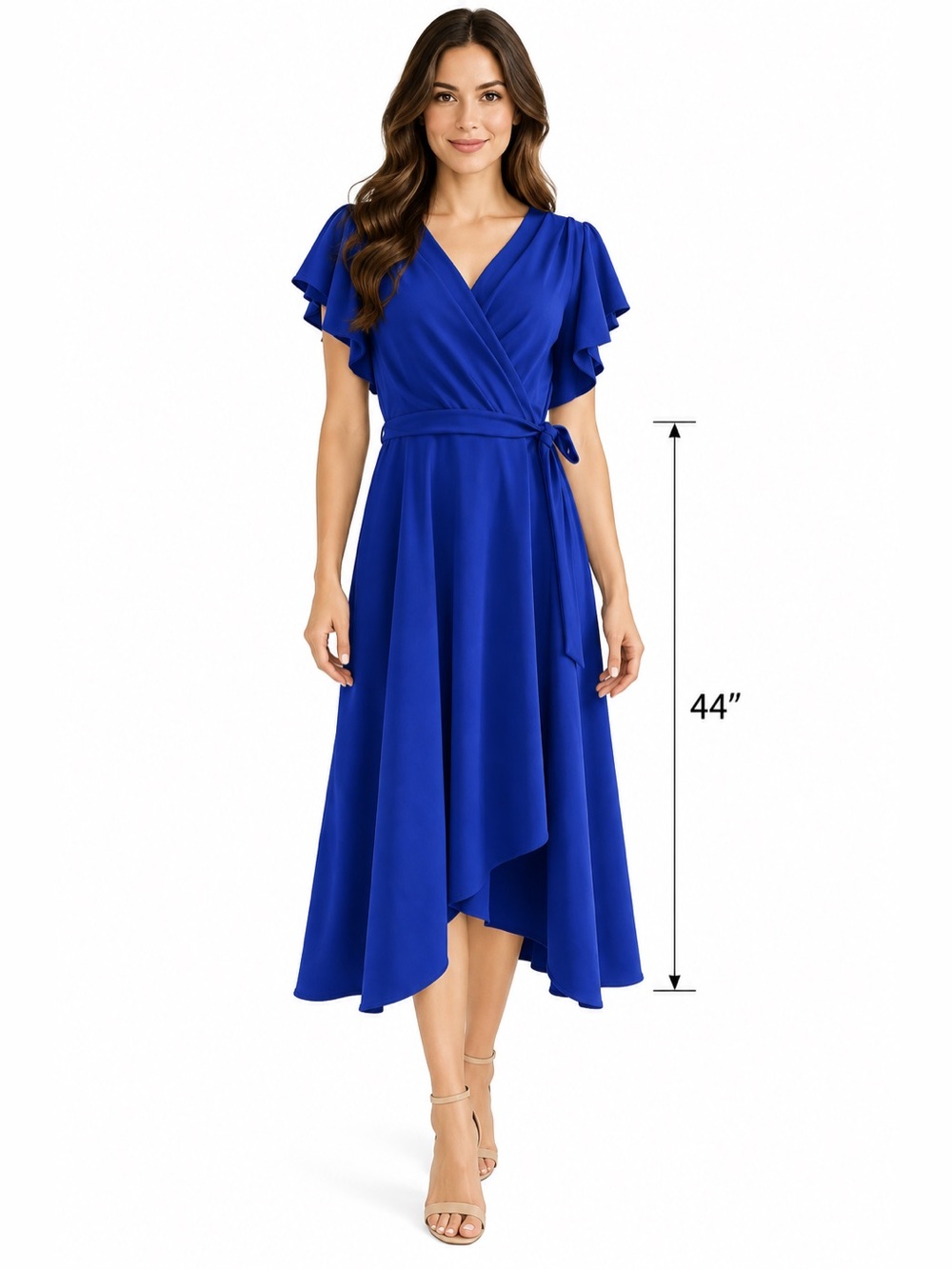 DKNY Women’s Size 14 Royal Blue Wrap Midi Dress Flutter Sleeve Belted